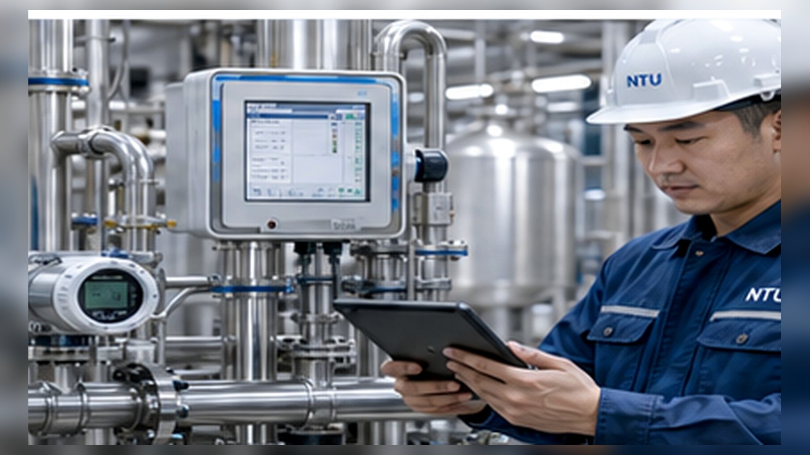 NTU engineer checking process instrumentation in a stainless-steel production facility
