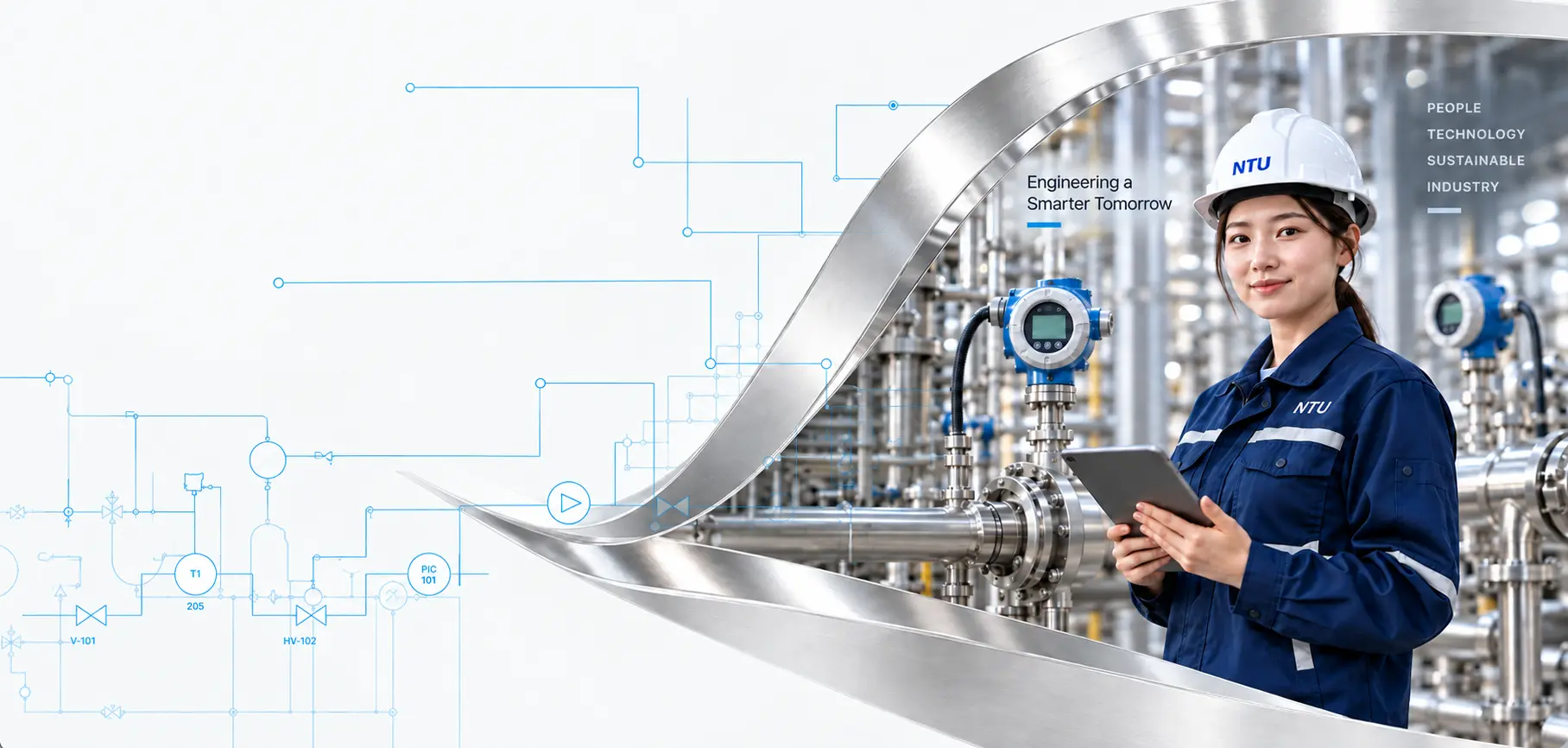 NTU female engineer with process instrumentation, framed in stainless steel. Engineering a Smarter Tomorrow. People, Technology, Sustainable Industry.